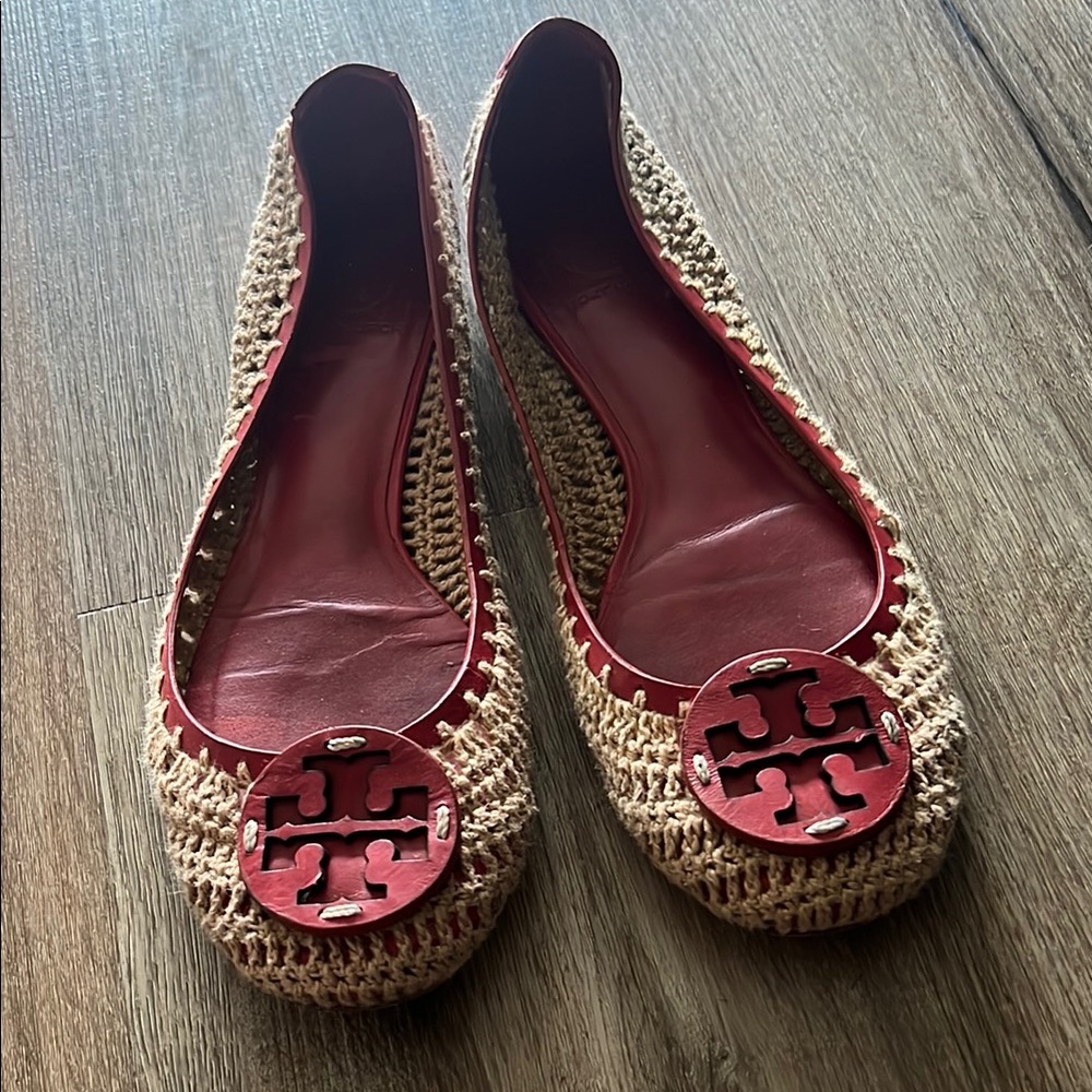 Tory Burch Rory Red and Tan Woven Flats